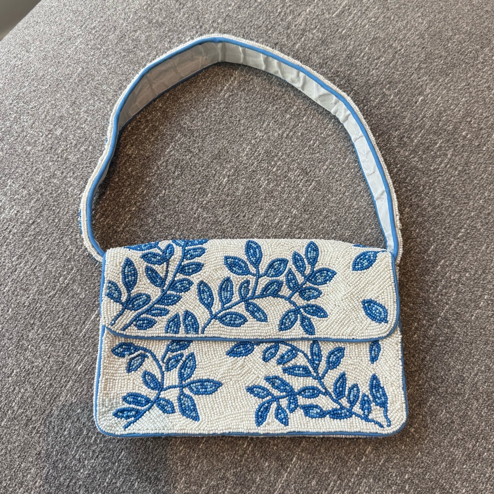 Viral Beaded Shoulder Bag Stacy Blue and White Floral NWOT